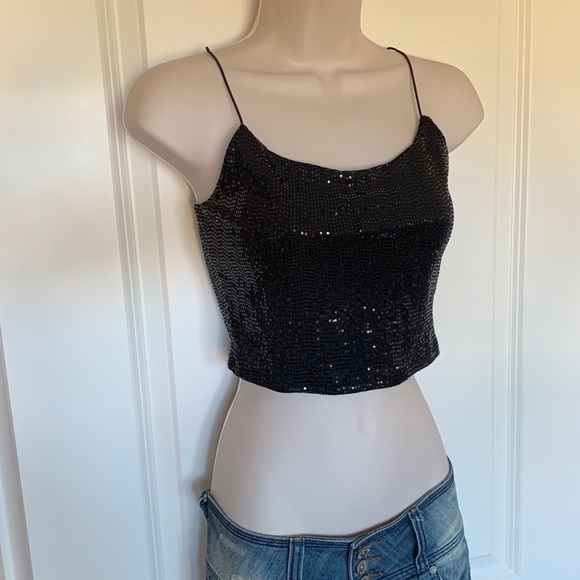 NWT Black Shiny Low Cut Busty Crop Metallic Hologram Festival Tank Top - Picture 8 of 12